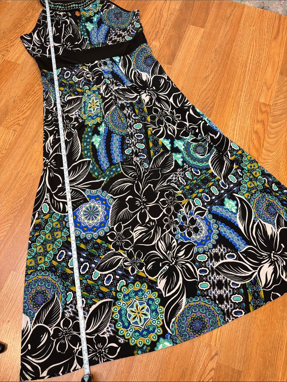RN Studio By Ronnie Nicole embellished beaded black and teal floral maxi Size 14 - Picture 12 of 17